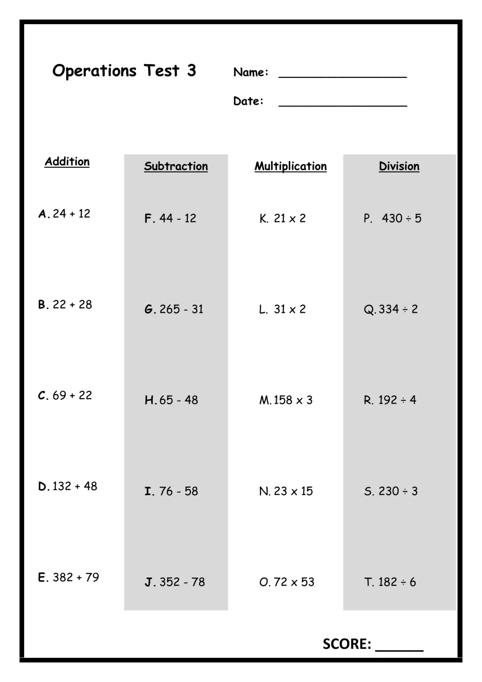 Four-operations test: students solve 20 problems, five each of addition, subtraction, multiplication and division