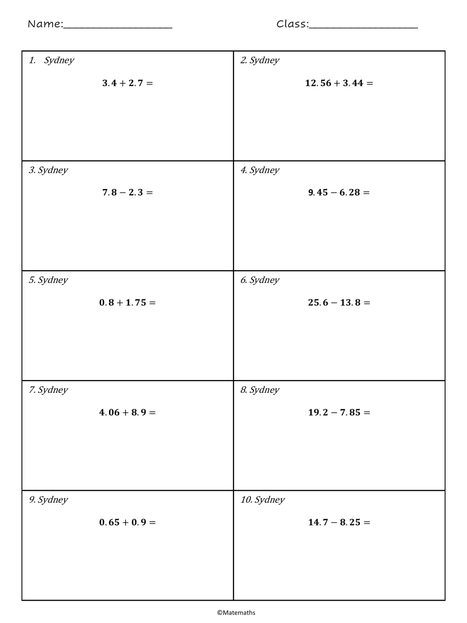 Adding and subtracting decimals, Sydney set: students solve 10 problems such as 3.4 + 2.7 and 9.45 - 6.28 with work space