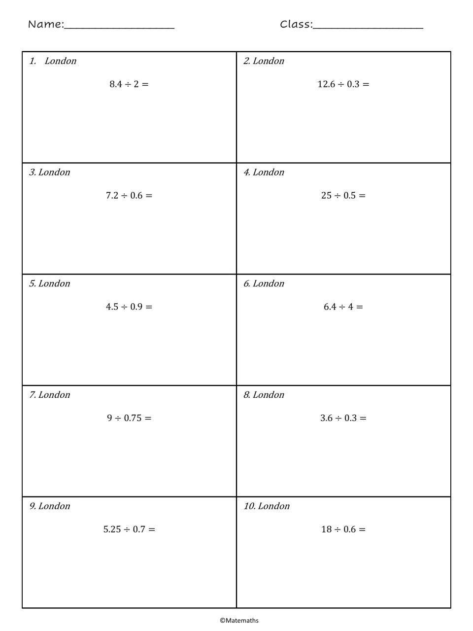 Dividing decimals, London set: students solve 10 quotients such as 8.4 ÷ 2, 12.6 ÷ 0.3 and 18 ÷ 0.6