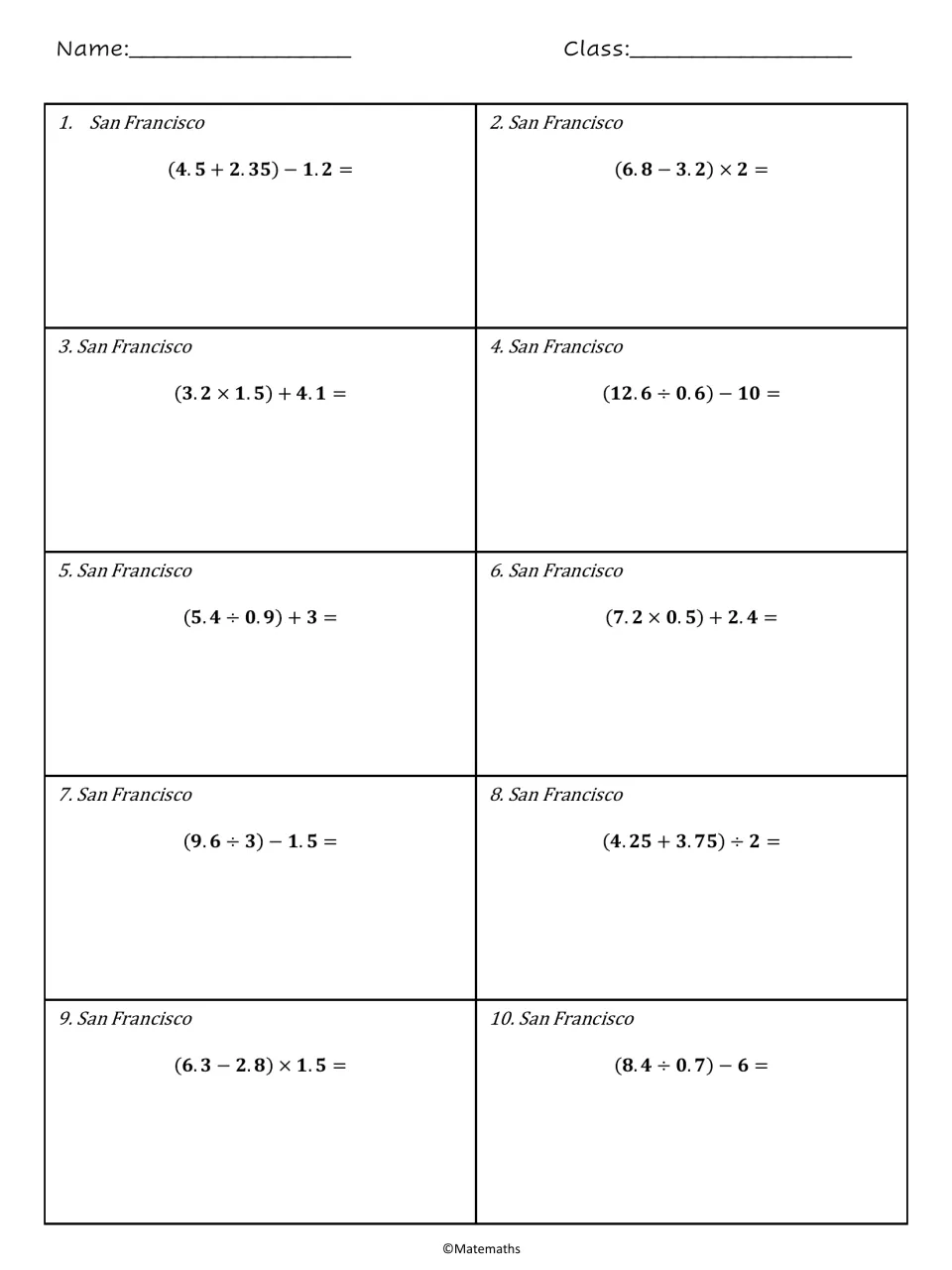 Mixed decimal operations, San Francisco set: students evaluate 10 expressions with parentheses, such as (6.8 - 3.2) x 2
