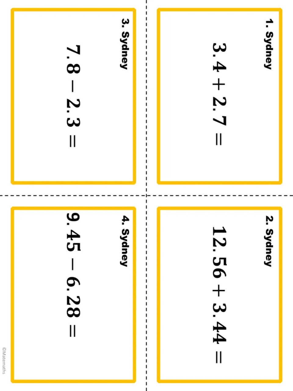 Decimal addition and subtraction task cards, Sydney 1 to 4: 3.4 + 2.7, 12.56 + 3.44, 7.8 - 2.3 and 9.45 - 6.28
