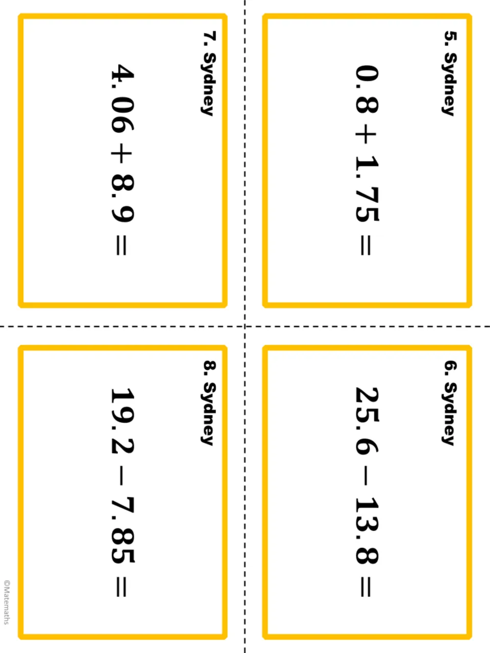Sydney task cards 5 to 8 for adding and subtracting decimals: 0.8 + 1.75, 25.6 - 13.8, 4.06 + 8.9 and 19.2 - 7.85