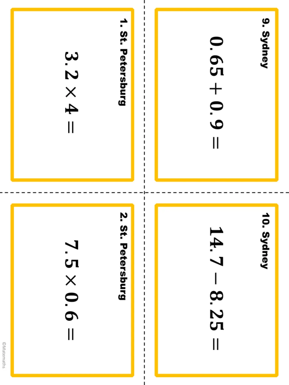Task cards Sydney 9 and 10 and St. Petersburg 1 and 2: decimal sums, differences and products such as 3.2 x 4