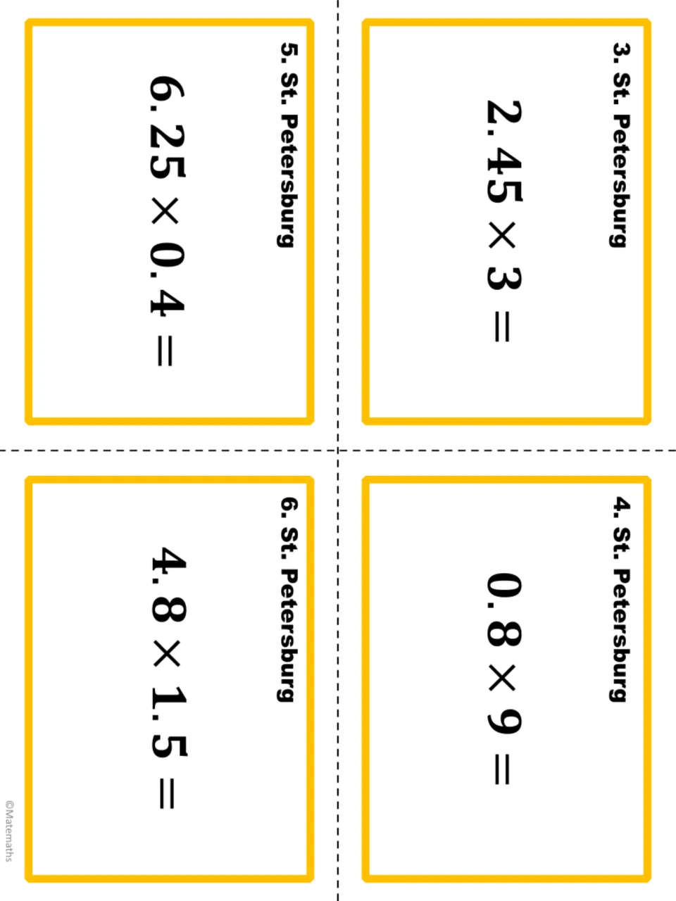 Multiplying decimals task cards, St. Petersburg 3 to 6: printable cards for 2.45 x 3, 0.8 x 9, 6.25 x 0.4 and 4.8 x 1.5