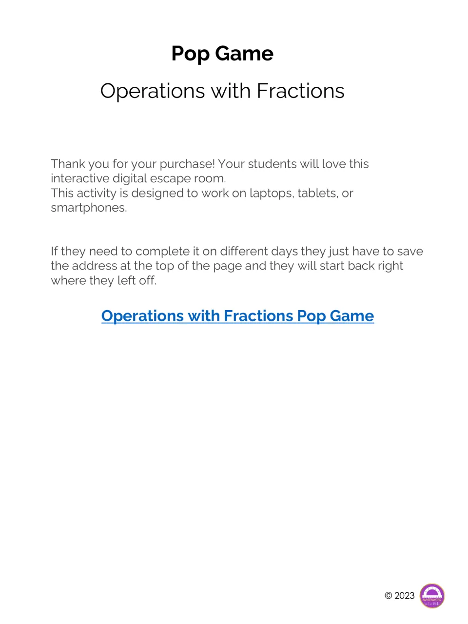 Pop Game: Operations with Fractions title page with device notes, how to resume later and a link to the digital game