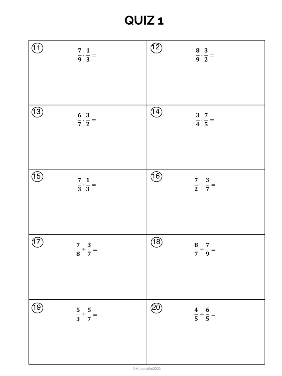 Quiz 1 multiplying and dividing fractions: students solve problems 11 to 20, such as 7/9 · 1/3 and 4/5 ÷ 6/5