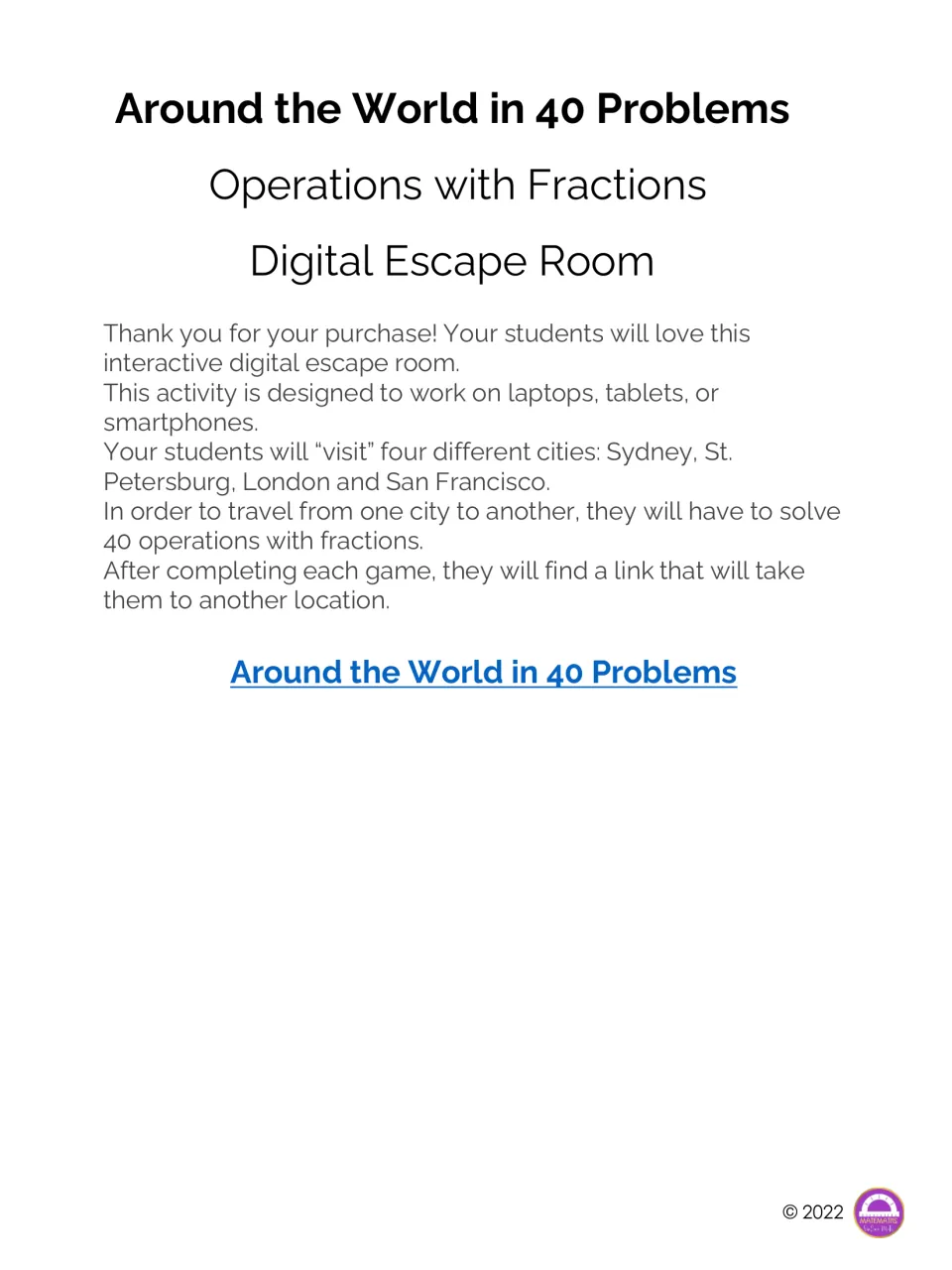 Escape room intro: students travel to Sydney, St. Petersburg, London and San Francisco by solving 40 fraction problems