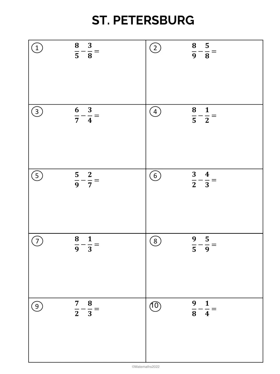 St. Petersburg: subtracting fractions with unlike denominators, students work 10 problems like 8/5 - 3/8 and 7/2 - 8/3
