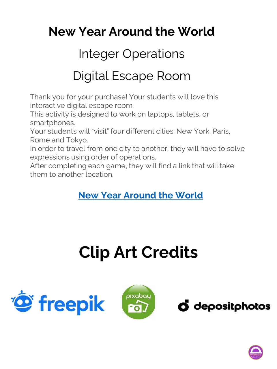 New Year Around the World integer operations escape room: students visit New York, Paris, Rome and Tokyo via links