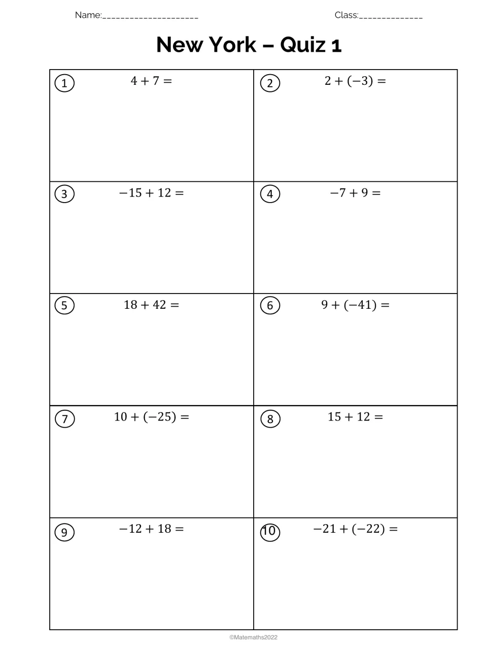 New York Quiz 1 on adding integers: students solve 10 sums such as 2 + (-3), -15 + 12 and -21 + (-22)