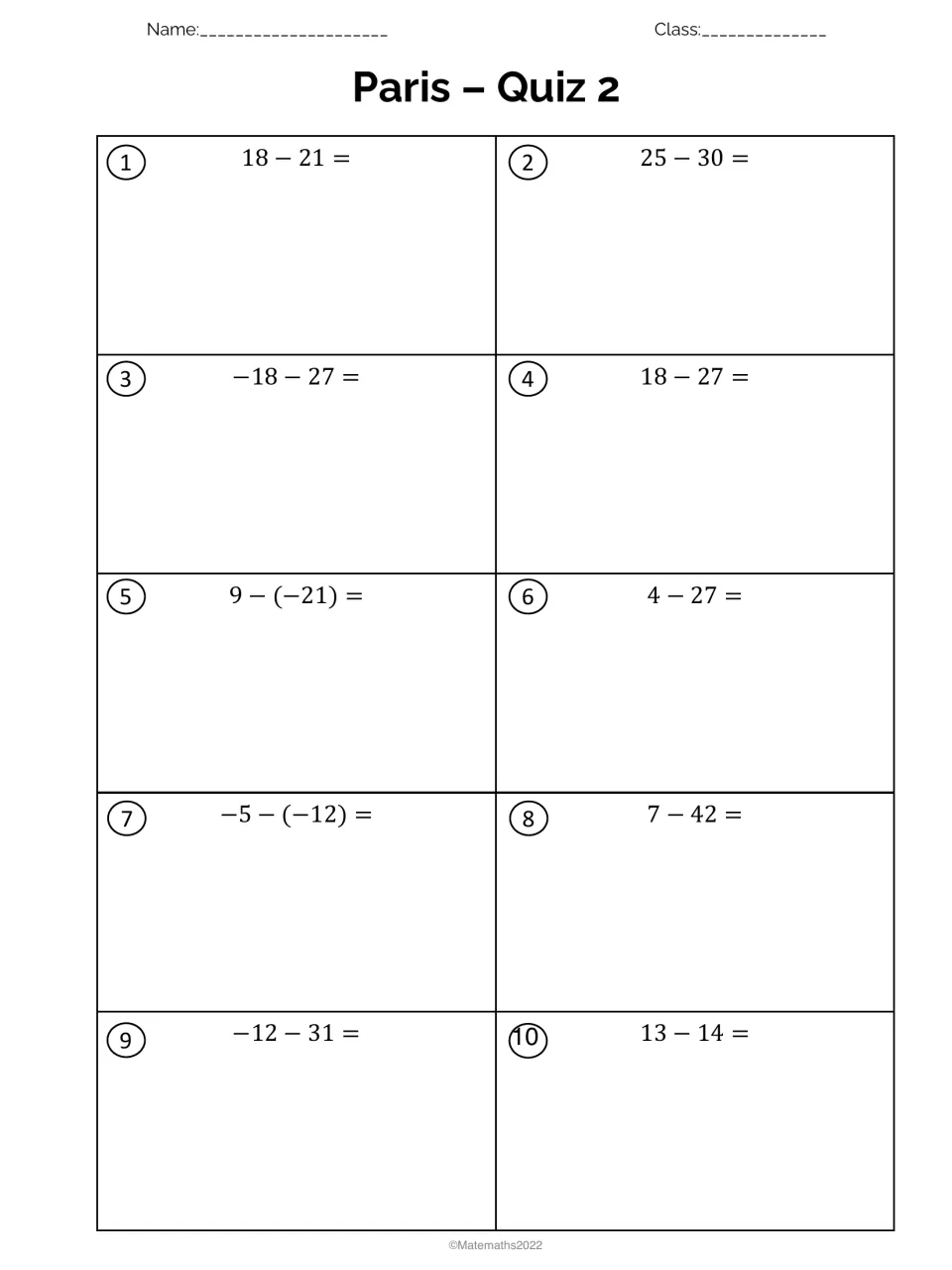 Paris Quiz 2 on subtracting integers: students solve 10 differences such as 18 - 21, 9 - (-21) and -5 - (-12)