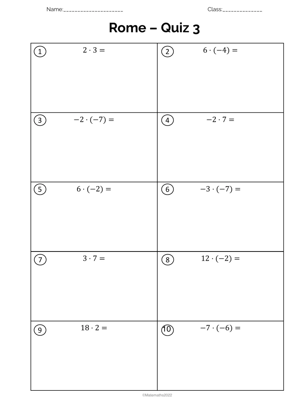 Rome Quiz 3 on multiplying integers: students find 10 products such as 6 · (-4), -2 · (-7) and -7 · (-6)