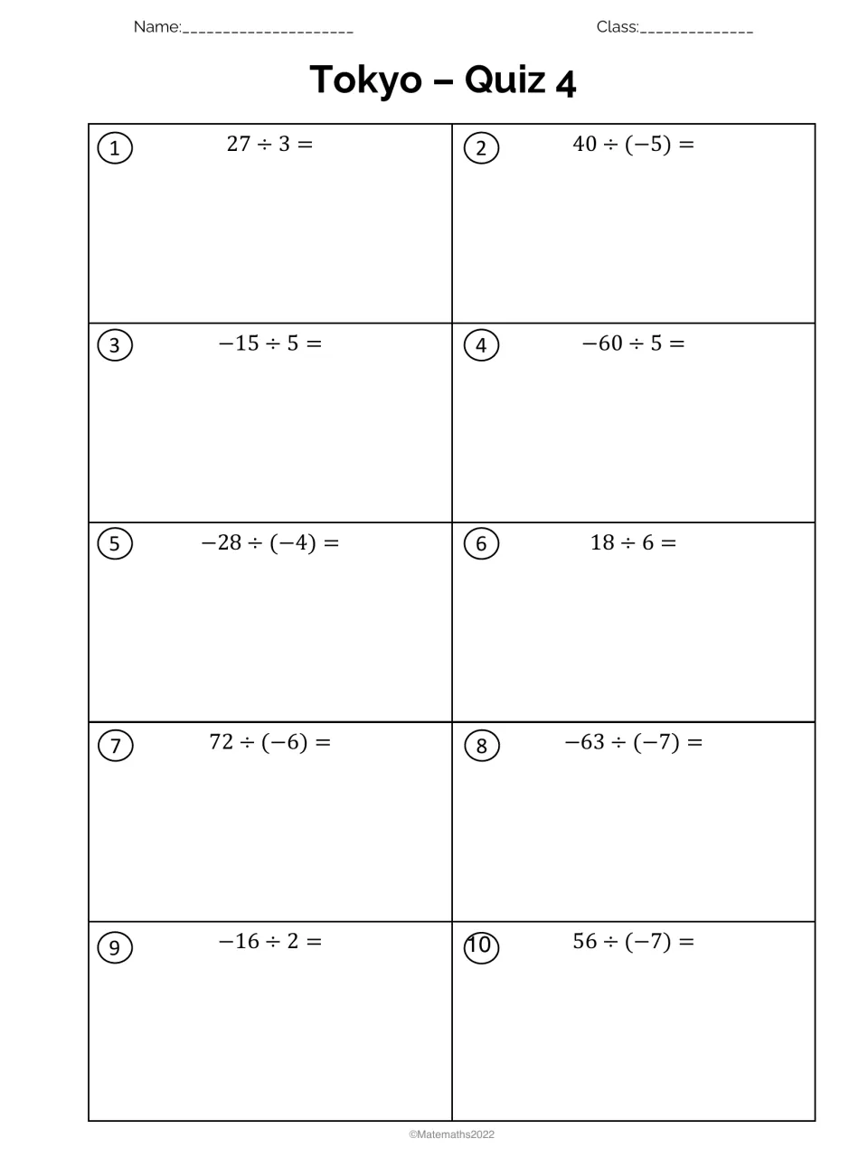 Tokyo Quiz 4 on dividing integers: students find 10 quotients such as 40 ÷ (-5), -28 ÷ (-4) and 56 ÷ (-7)