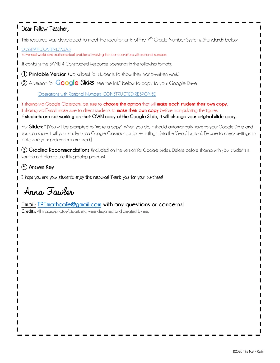 Teacher note citing 7.NS.A.3 and listing a printable version, Google Slides version, grading tool and answer key