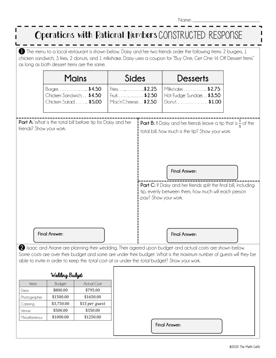 Menu bill and wedding budget problems: students total a bill, find a 1/5 tip, split it and find the guest limit