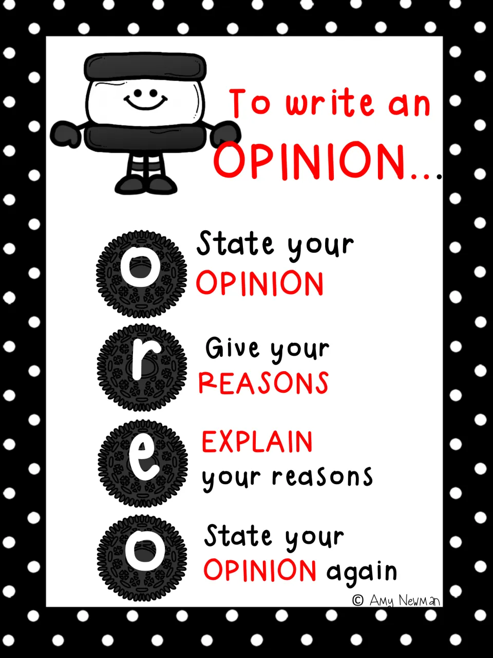 OREO chart for opinion writing: each cookie letter cues a step, state a view, give reasons, explain them, restate it