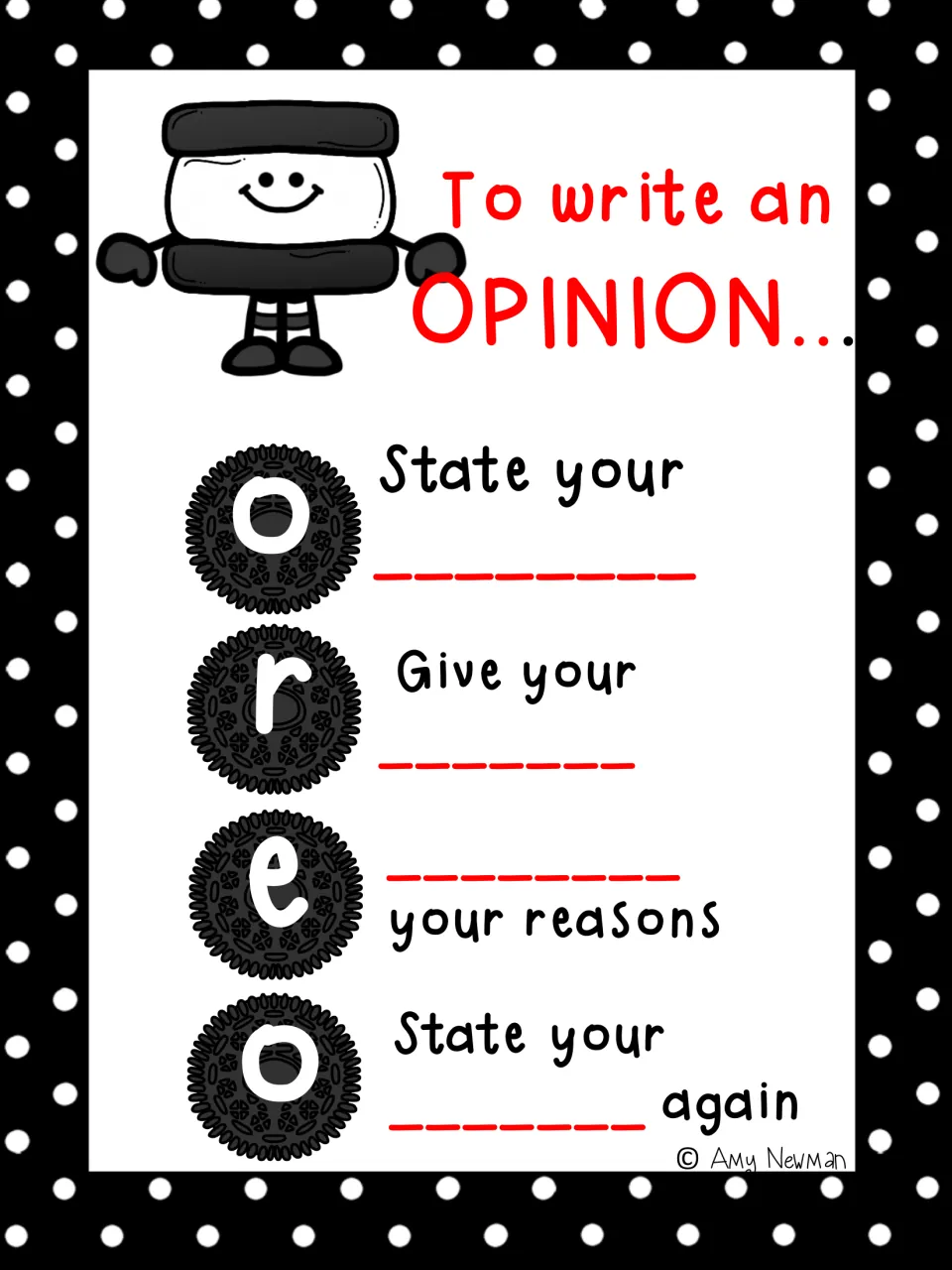 Fill-in OREO opinion writing chart: students write the missing key word in each of the four steps, like give your ___