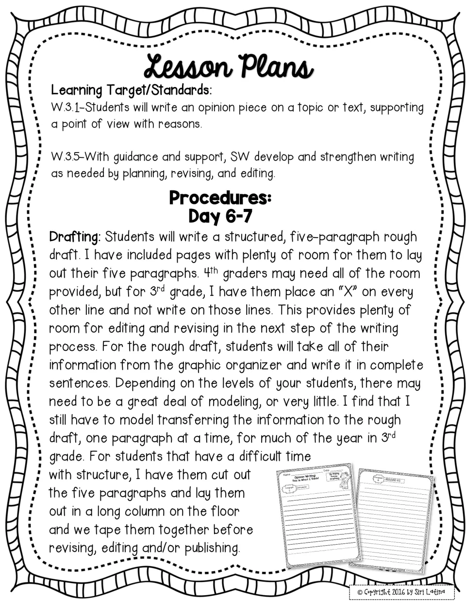 Days 6-7 lesson plan, drafting: students turn organizer notes into a five-paragraph rough draft in complete sentences