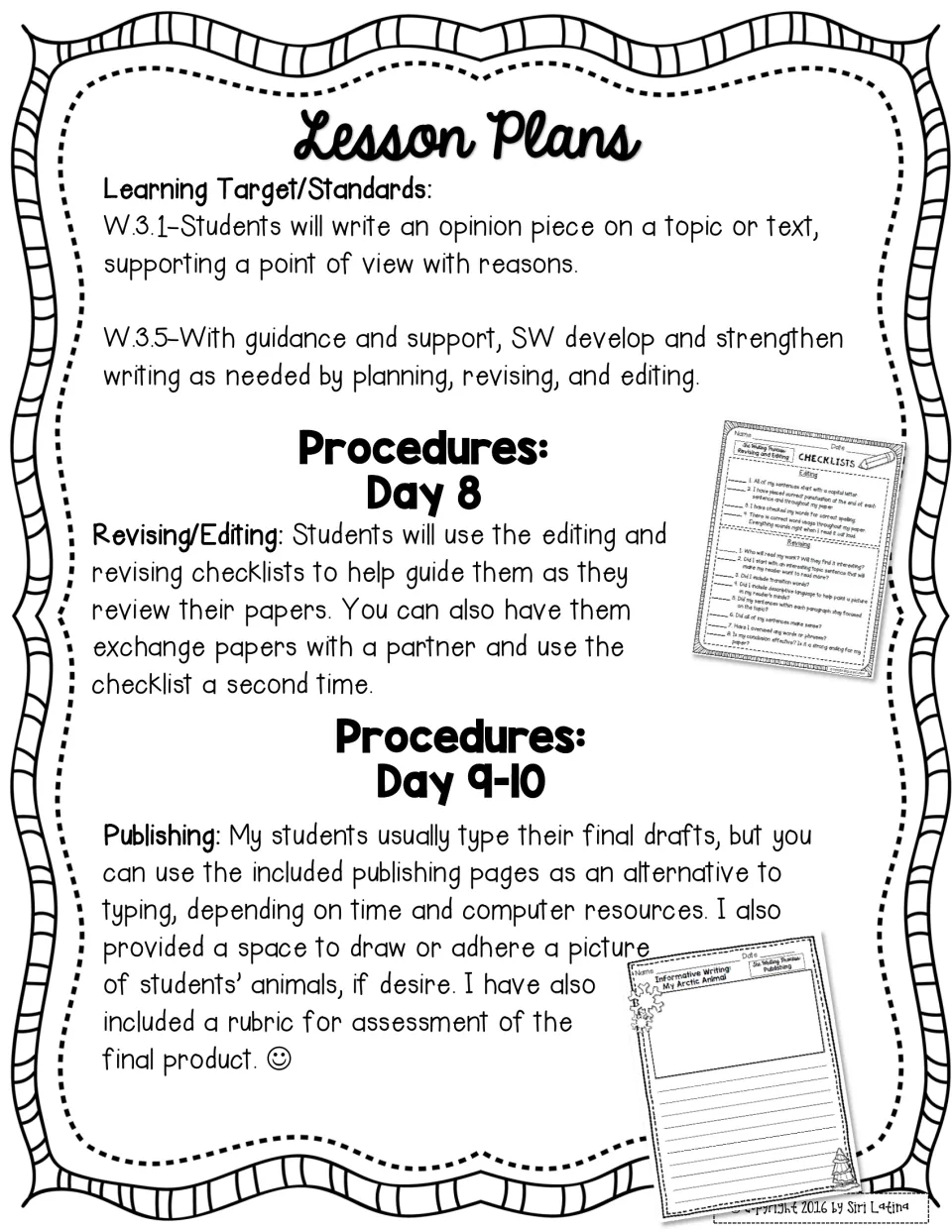 Days 8-10 lesson plan: students revise and edit with checklists, then publish final drafts assessed by a rubric