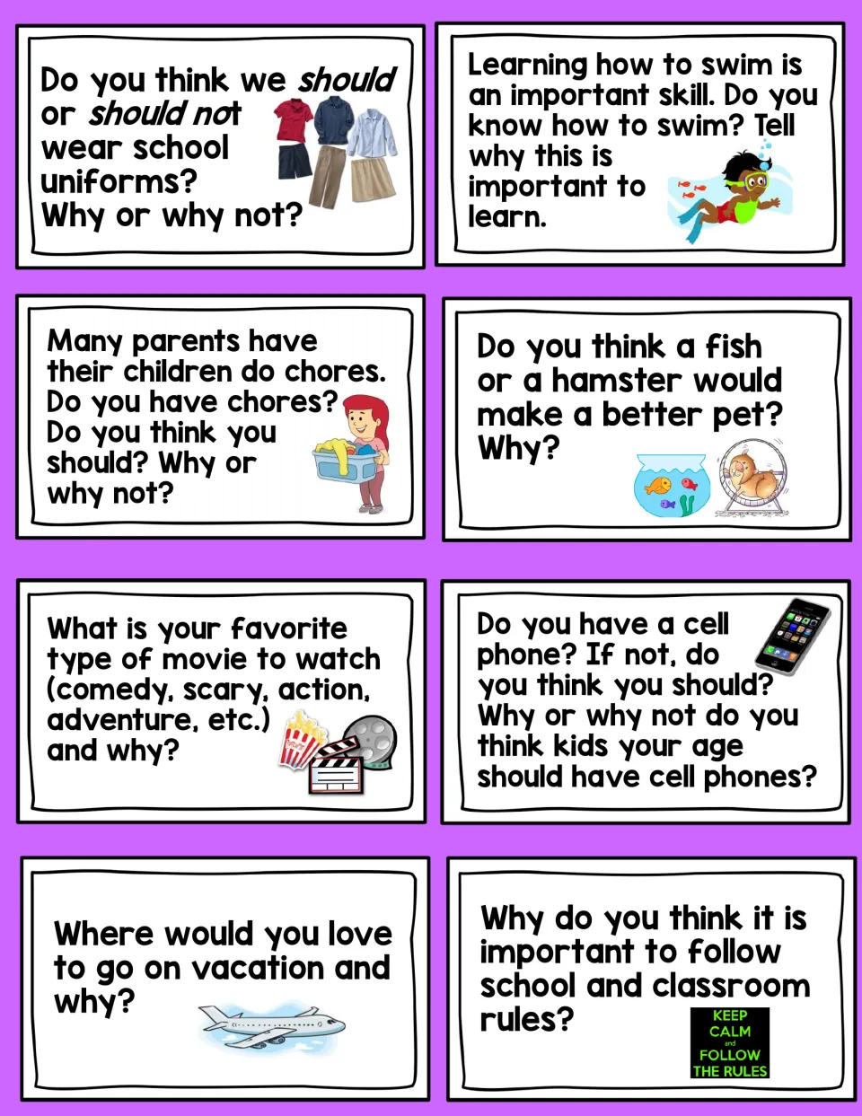 More opinion topic cards: 8 prompts including school uniforms, chores, fish or hamster, cell phones for kids and vacations