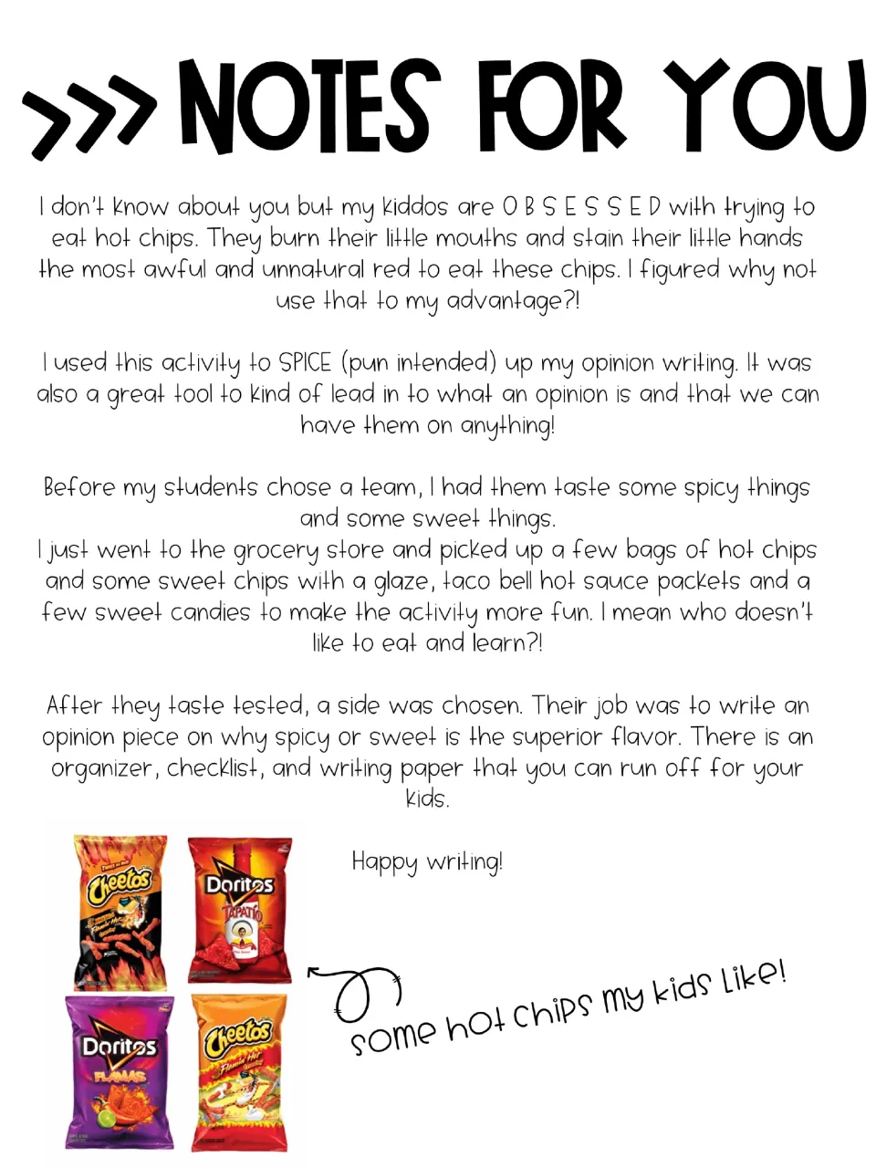 Teacher notes explain tasting spicy and sweet foods, choosing a side, and writing an opinion about that flavor.