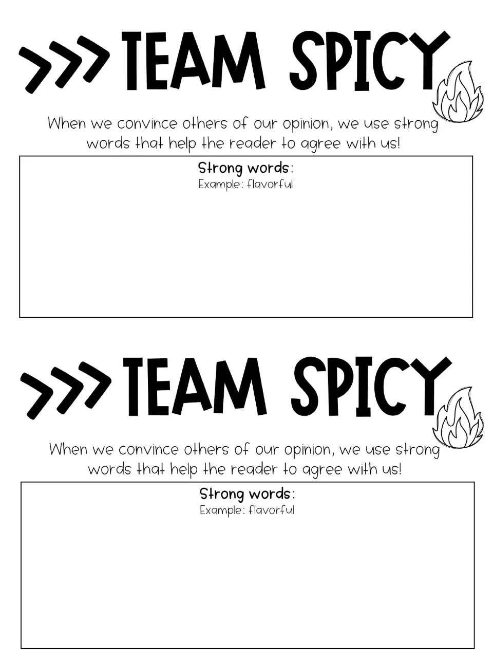 Team Spicy vocabulary sheet repeats a prompt to collect strong persuasive words, using flavorful as an example.