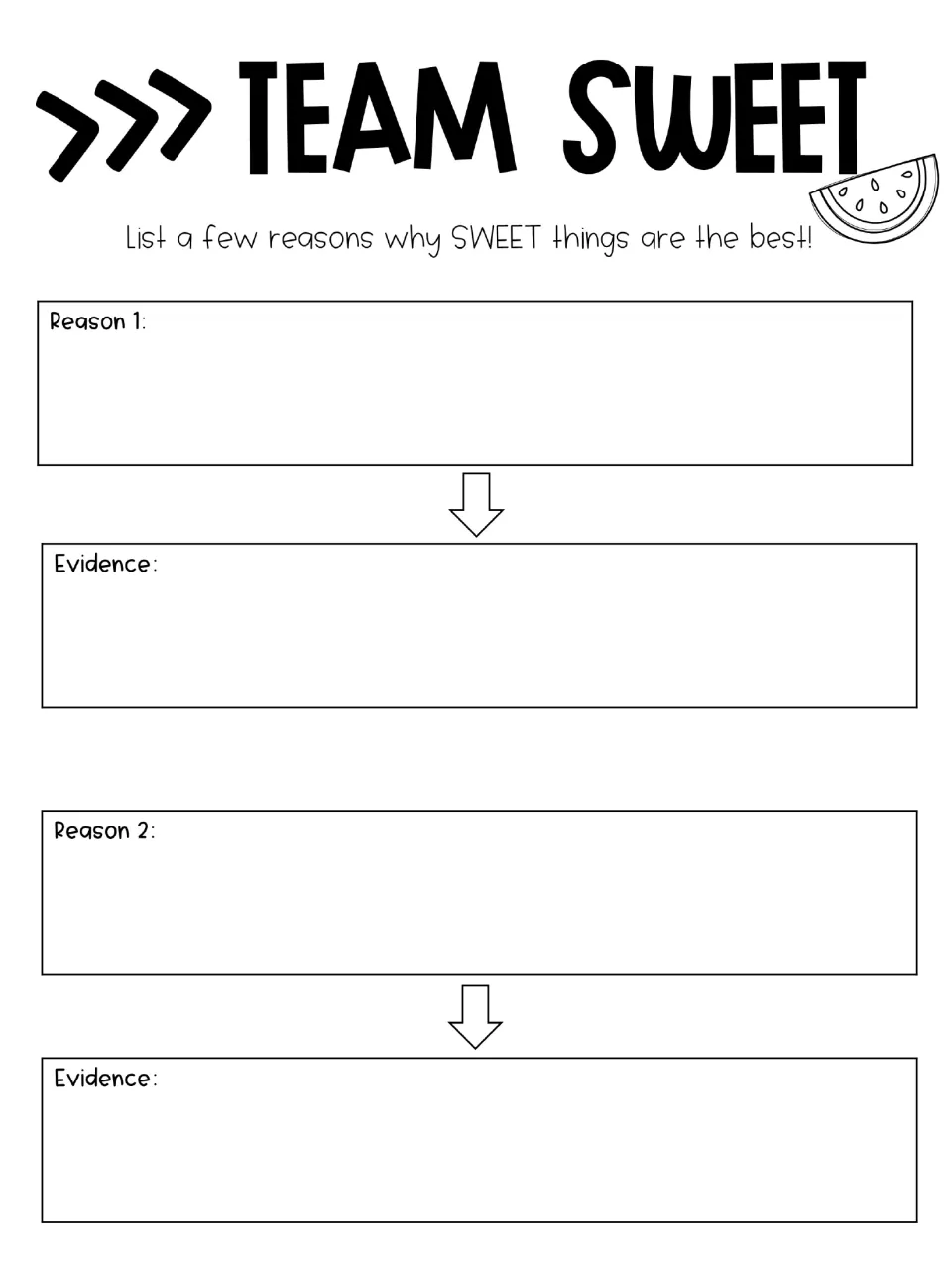 Team Sweet opinion organizer asks for two reasons sweet foods are best, with evidence supporting each reason.