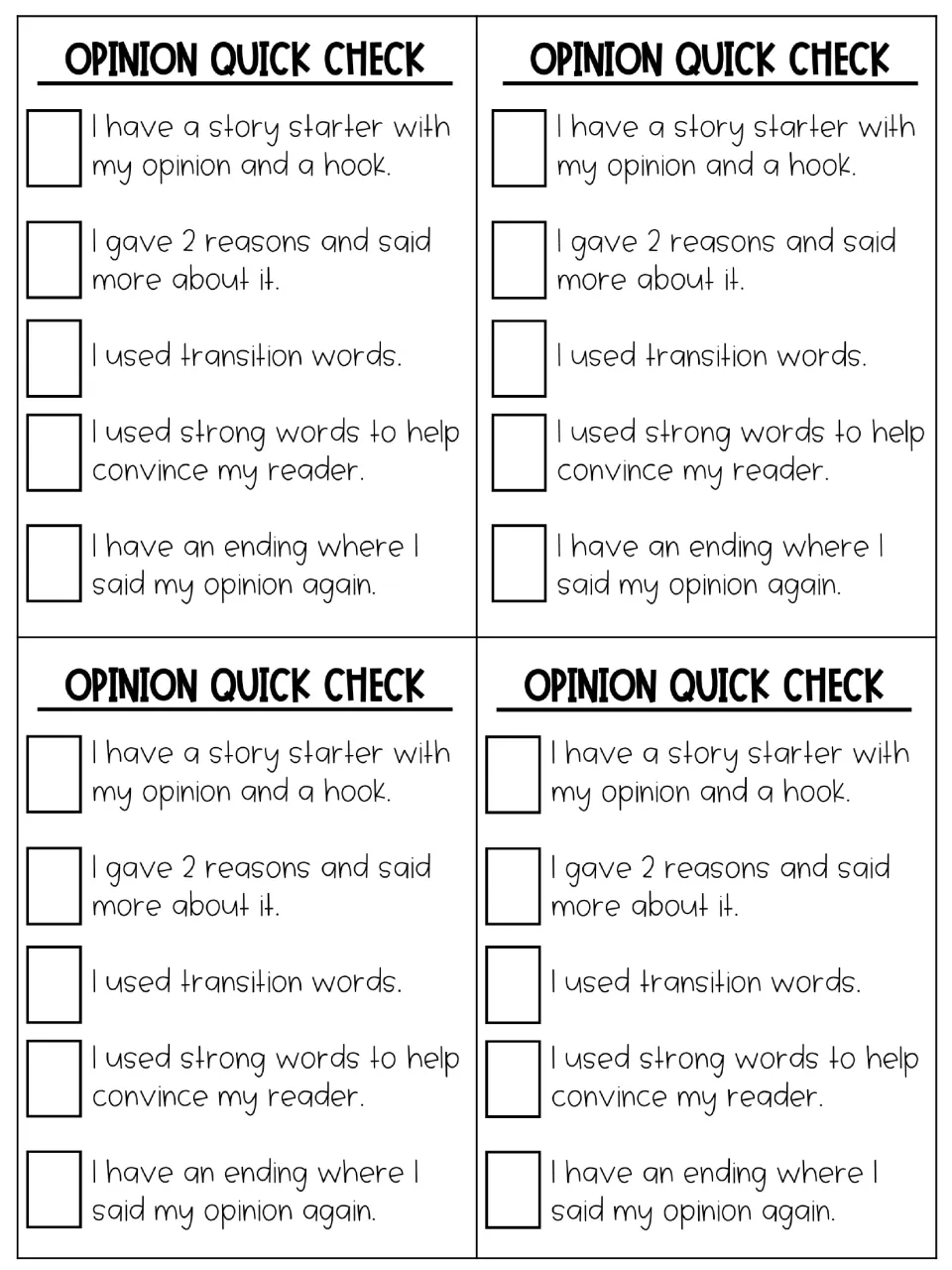 Four opinion checklists cover an opening hook, two reasons, transitions, strong words, and a restated opinion.