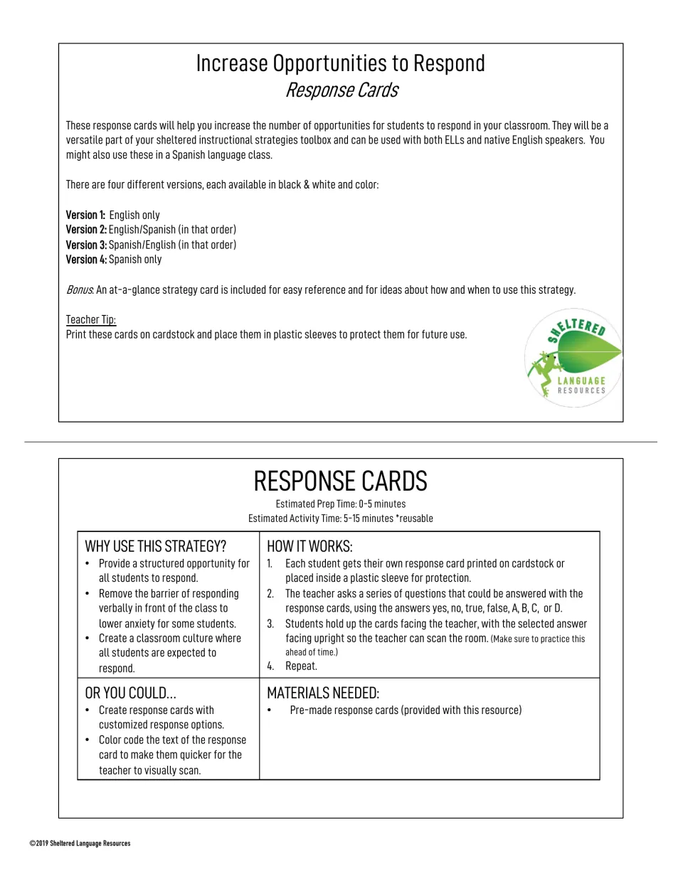 Response cards overview: four English and Spanish versions, a teacher tip, and steps for students holding up answers