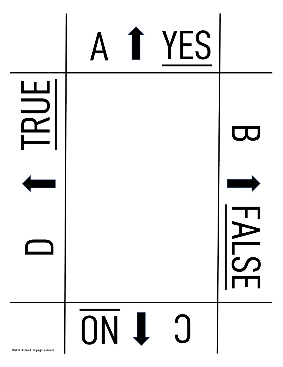 English black-and-white response card: students hold up the side showing A Yes, B False, C No or D True with arrows