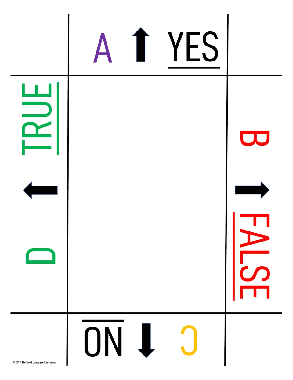 English color-coded response card with A Yes, B False, C No and D True, letters in purple, red, yellow and green, with arrows