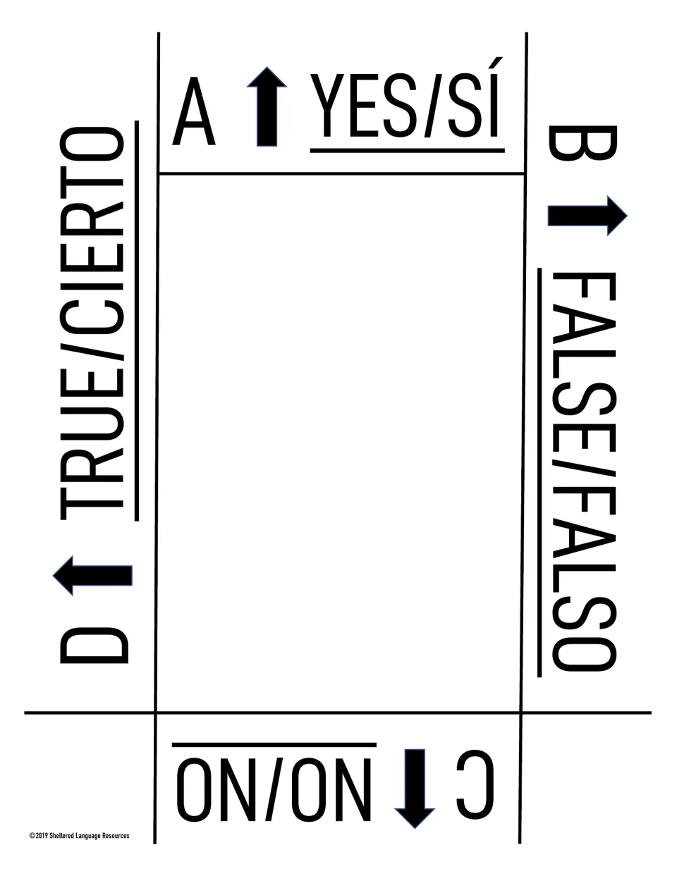 English/Spanish black-and-white response card pairing Yes/Sí, False/Falso, No/No and True/Cierto with letters A to D