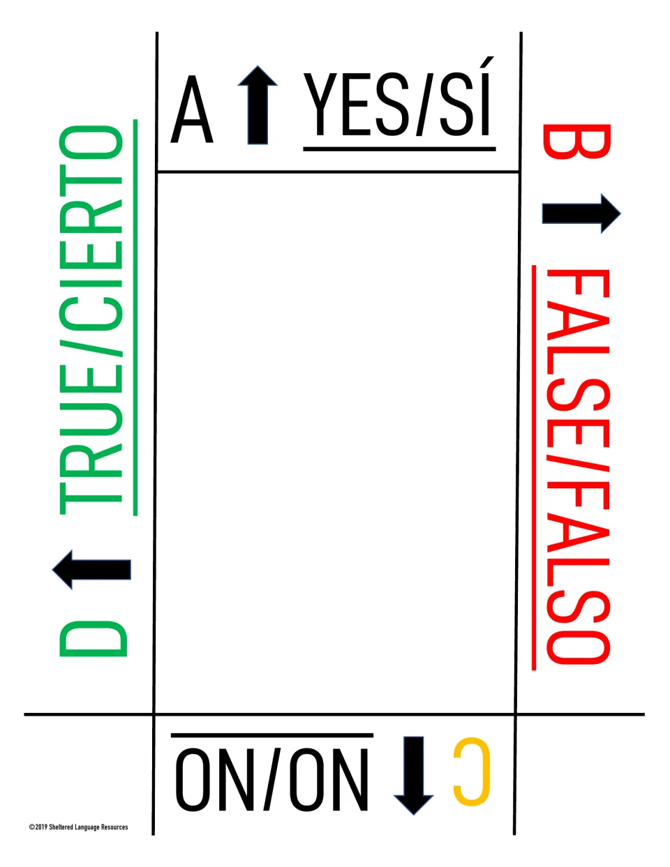 English/Spanish color response card with Yes/Sí, False/Falso, No/No and True/Cierto, B red, C yellow and D green