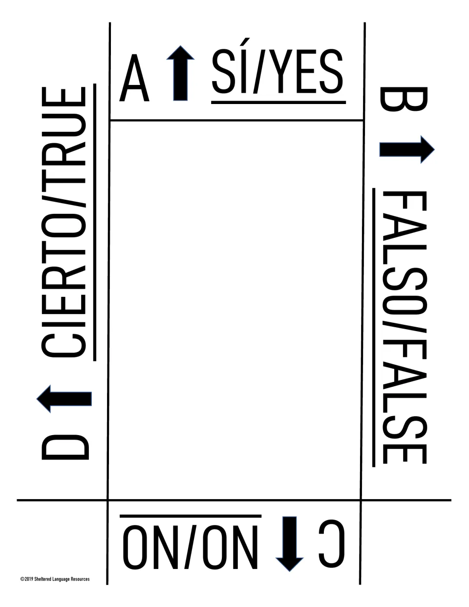 Spanish/English black-and-white response card pairing Sí/Yes, Falso/False, No/No and Cierto/True with letters A to D