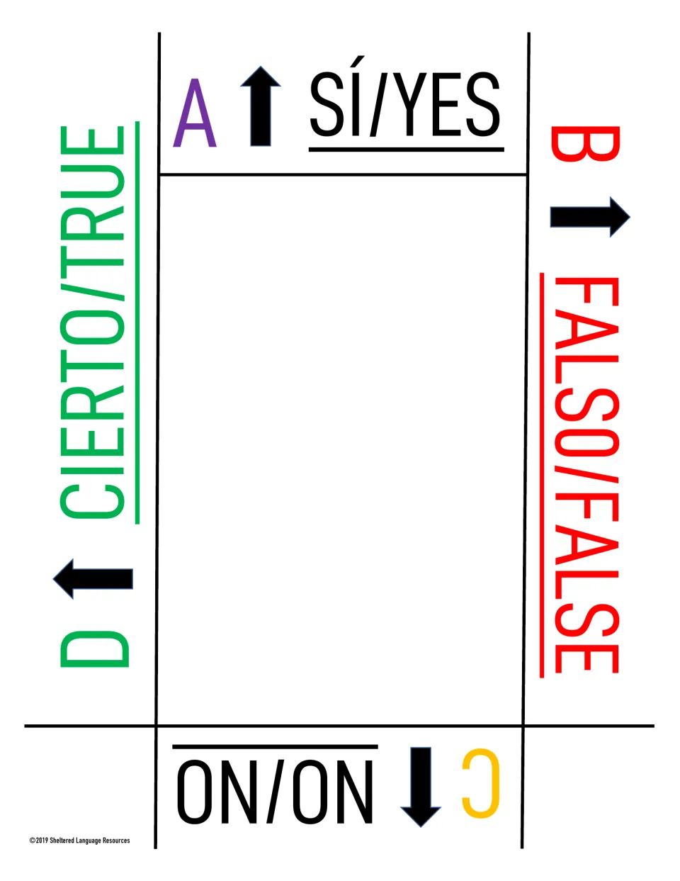 Spanish/English color response card with Sí/Yes, Falso/False, No/No and Cierto/True, A purple, B red, C yellow, D green