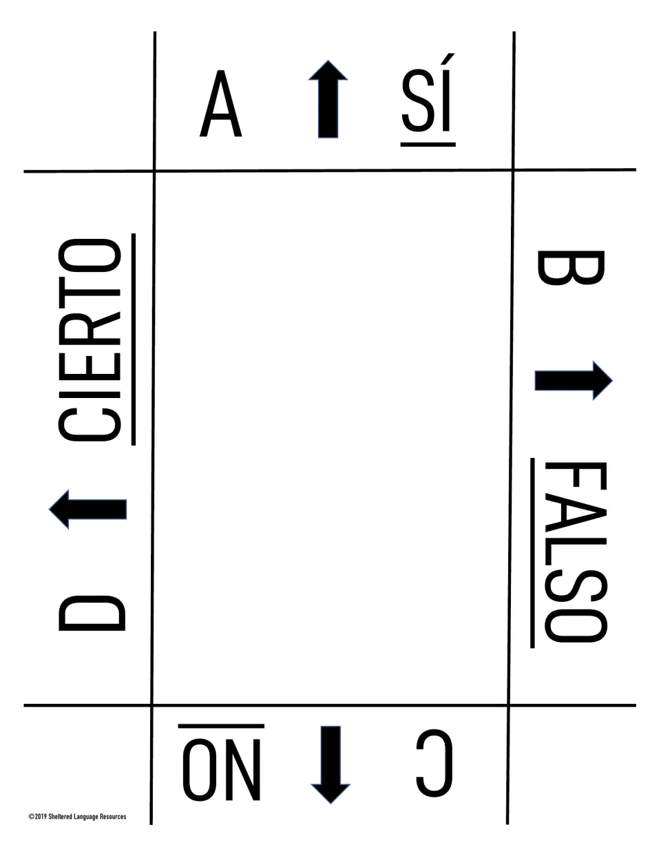 Spanish-only black-and-white response card with Sí, Falso, No and Cierto matched to letters A, B, C and D with arrows