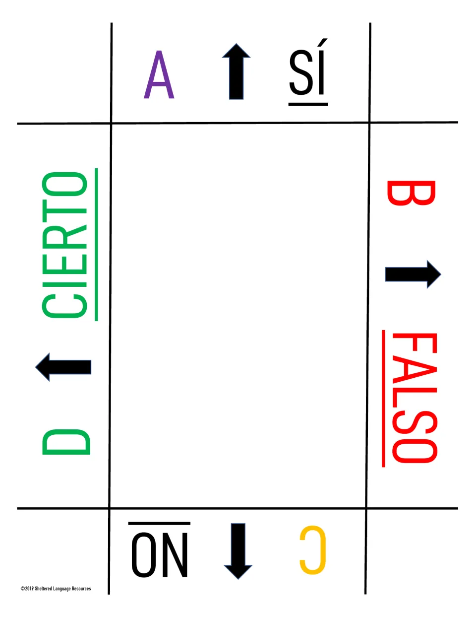 Spanish-only color response card with Sí, Falso, No and Cierto in purple, red, yellow and green beside letters A to D