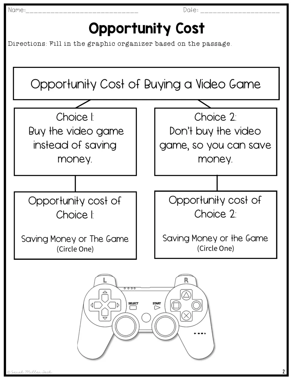 Opportunity cost of buying a video game: students fill in a graphic organizer, circling saving money or the game per choice