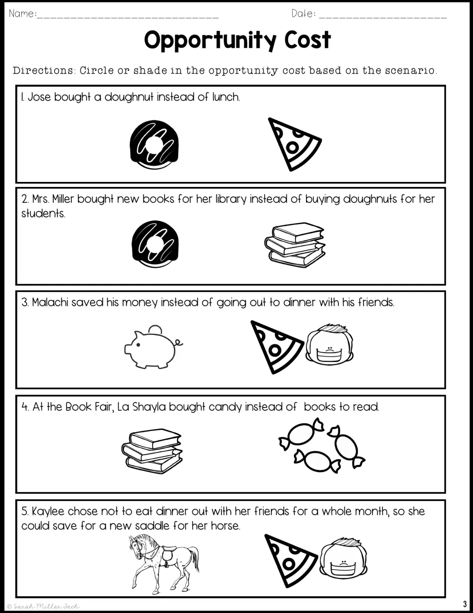 Opportunity cost scenarios: students circle or shade the item given up in 5 picture choices, like a doughnut versus lunch
