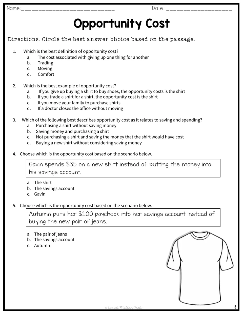 Opportunity cost comprehension: students answer 5 multiple-choice questions on definition, examples, saving and spending