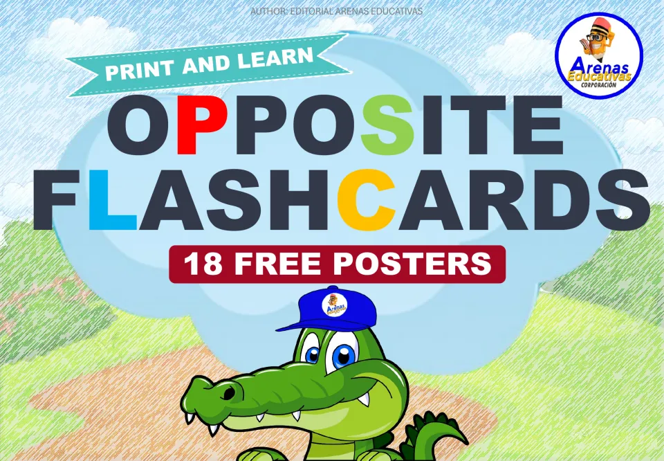 Cover of Opposite Flashcards featuring the headings 'Print and Learn' and '18 Free Posters' for the set
