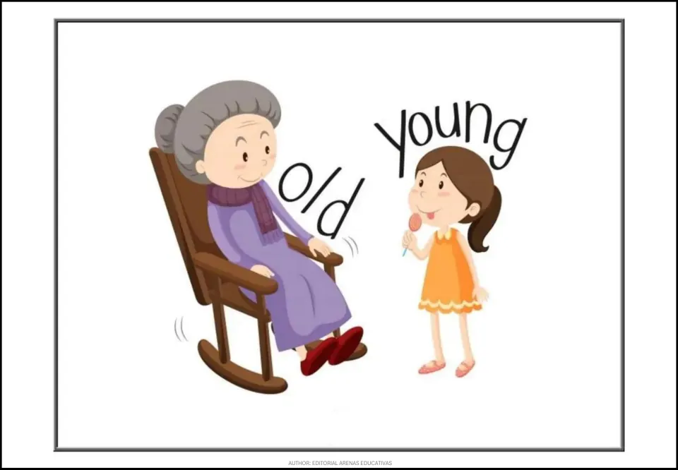 Opposites poster for old and young, showing an older woman in a rocking chair and a girl holding a lollipop