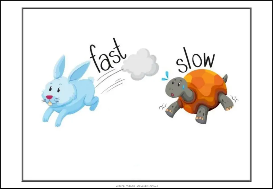 Opposites poster for fast and slow, showing a running rabbit and a turtle beneath the matching word labels
