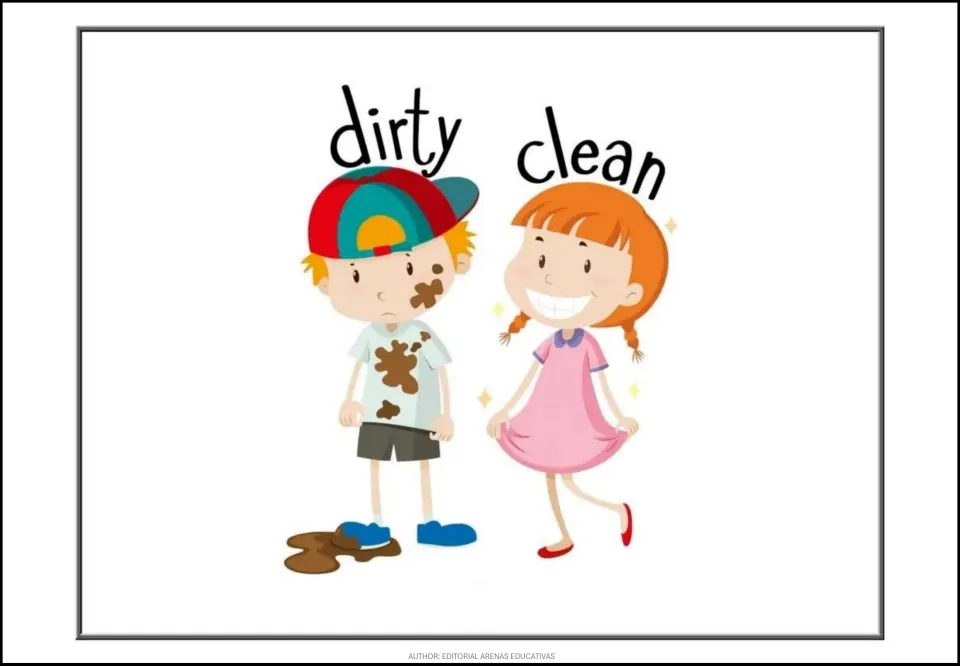 Opposites poster for dirty and clean, showing a mud-covered boy and a girl wearing a clean pink dress