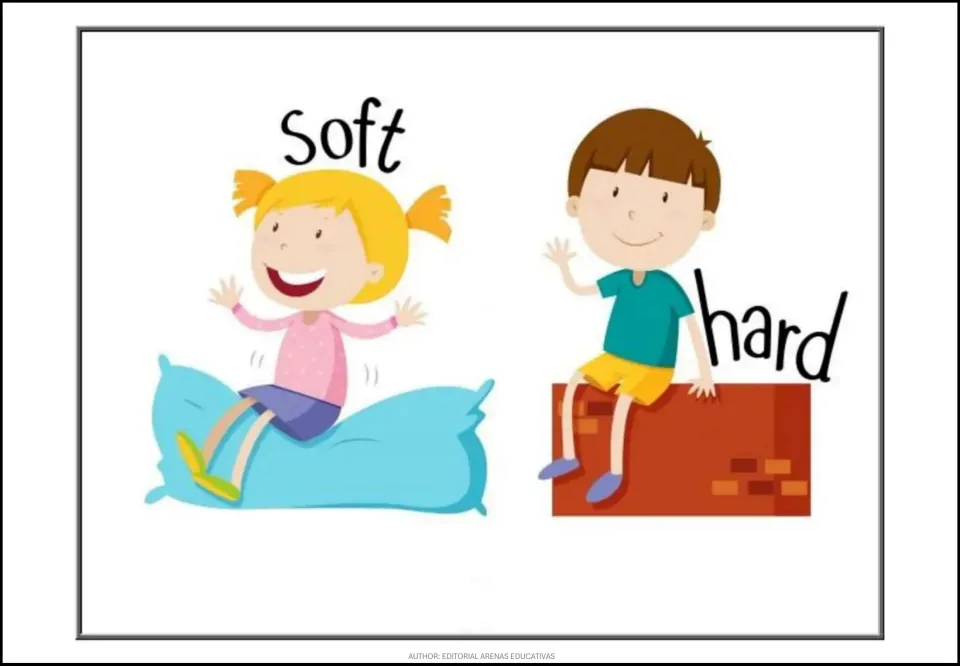 Opposites poster for soft and hard, showing a girl sitting on a pillow and a boy sitting on a brick wall