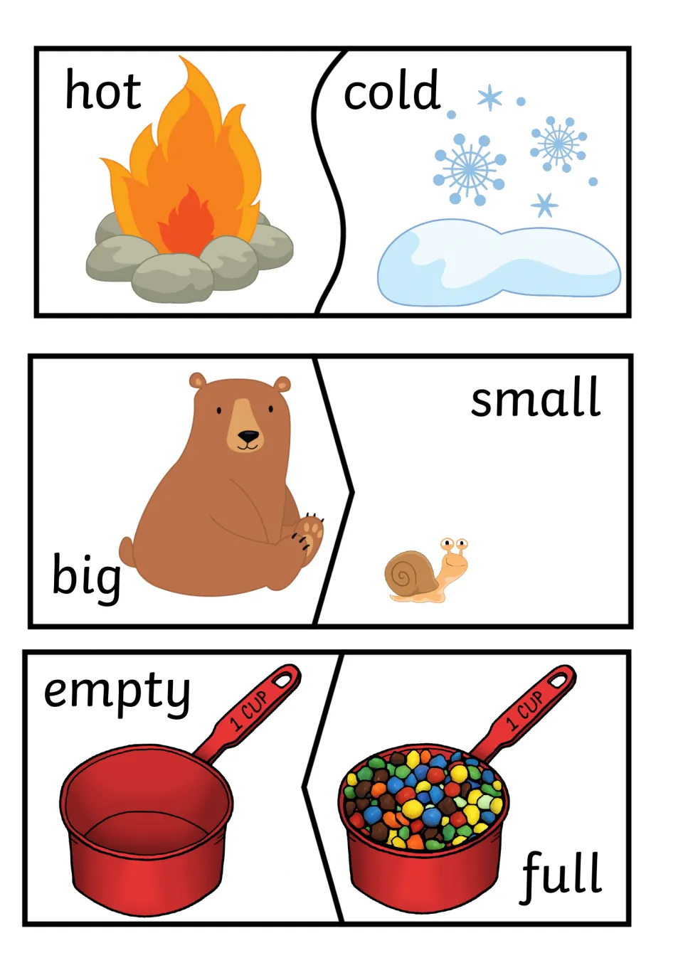 Opposites puzzles: students join two-piece cards to match hot/cold, big/small and empty/full by word and picture