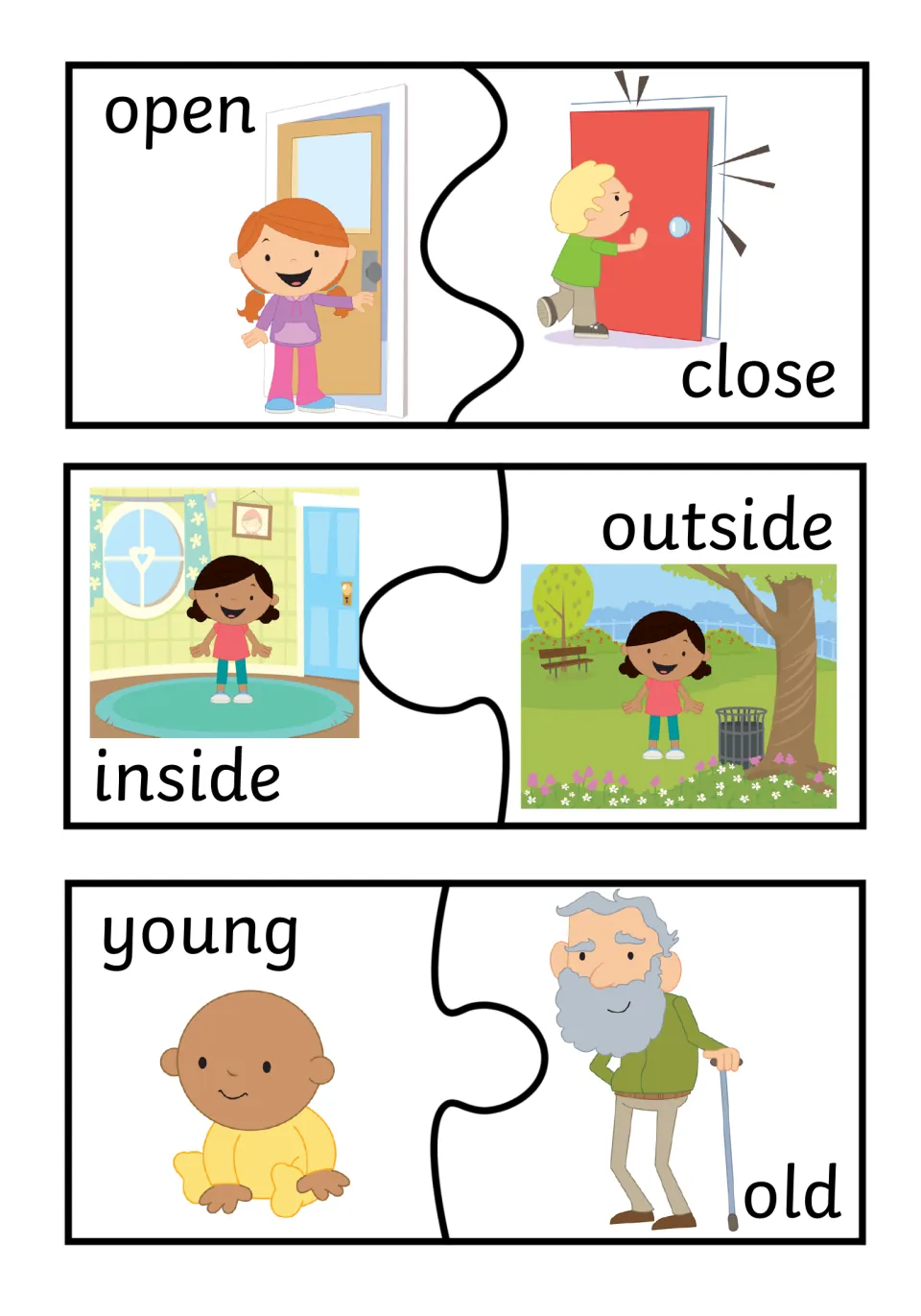 Open/close, inside/outside and young/old: children fit picture halves together, such as a baby beside an old man