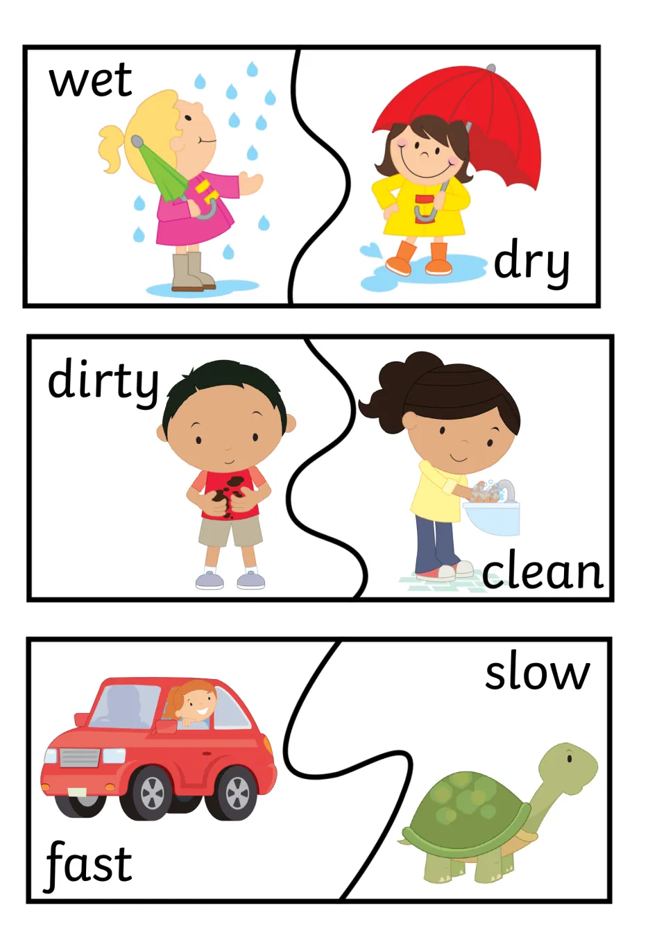 Wet/dry, dirty/clean and fast/slow opposite puzzles: a girl in rain, a muddy boy and a car paired with a turtle to match