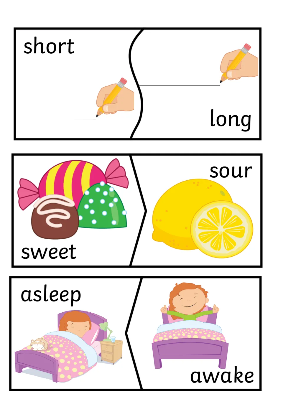 Short/long, sweet/sour and asleep/awake: children pair candy with a lemon and a sleeping girl with a waking one