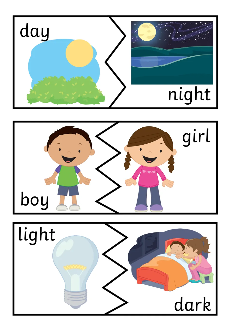 Day/night, boy/girl and light/dark puzzle pairs: a sunny sky meets a moonlit sky and a light bulb meets a dark bedroom